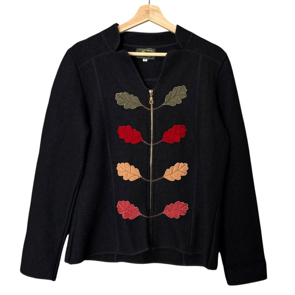 South Wool 100% Wool Black Full Zip Sweater Uruguay Embroidery Velvet Leaves M